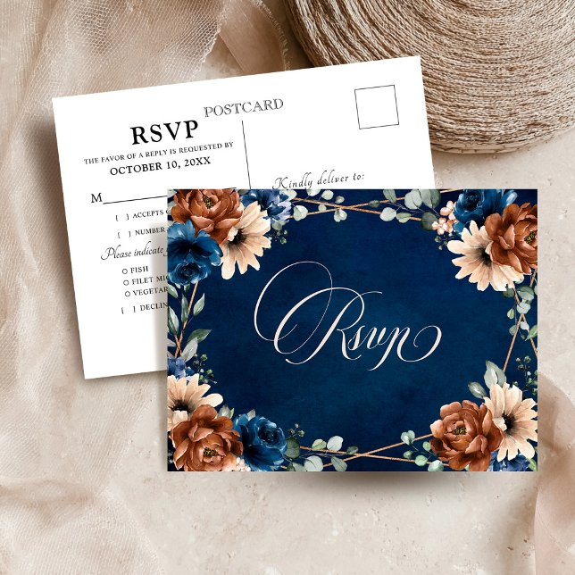 Terracotta Navy Blue Greenery Geometric RSVP Postc Postcard (Terracotta Navy Blue Greenery Geometric Wedding RSVP Postcard)