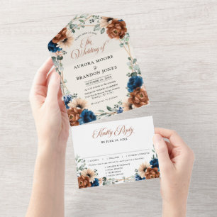 Terracotta Navy Blue Greenery Geometric Wedding Al All In One Invitation