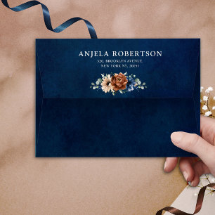 Terracotta Navy Blue Greenery Geometric Wedding Envelope