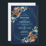 Terracotta Navy Blue Greenery Geometric Wedding In Invitation<br><div class="desc">Elegant Navy blue,  Terracotta ,  Orange earthy floral theme wedding Invitation featuring elegant bouquet of Navy blue,  Terracotta colour roses peonies  and green eucalyptus leaves. Please contact me for any help in customisation or if you need any other product with this design.</div>