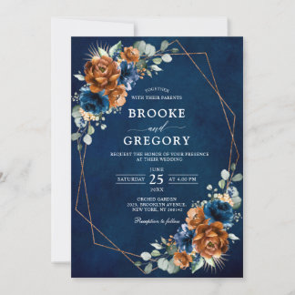 Terracotta Navy Blue Greenery Geometric Wedding In Invitation