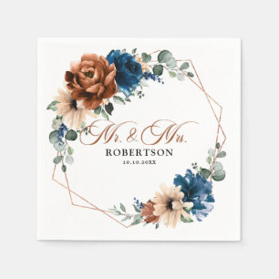 Terracotta Navy Blue Greenery Geometric Wedding Napkin