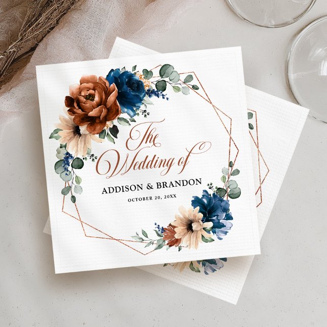 Terracotta Navy Blue Greenery Geometric Wedding Napkin (Terracotta Navy Blue Greenery Geometric Wedding Napkins)