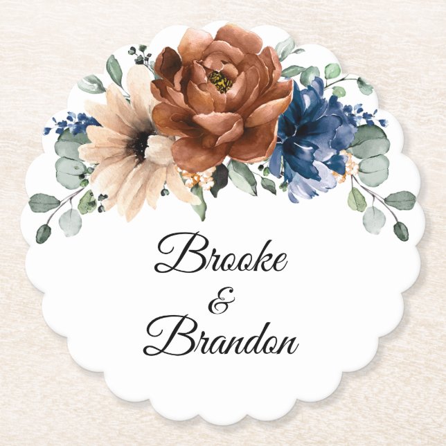 Terracotta Navy Blue Greenery Geometric Wedding Paper Coaster (Front)