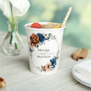 Terracotta Navy Blue Greenery Geometric Wedding Paper Cups