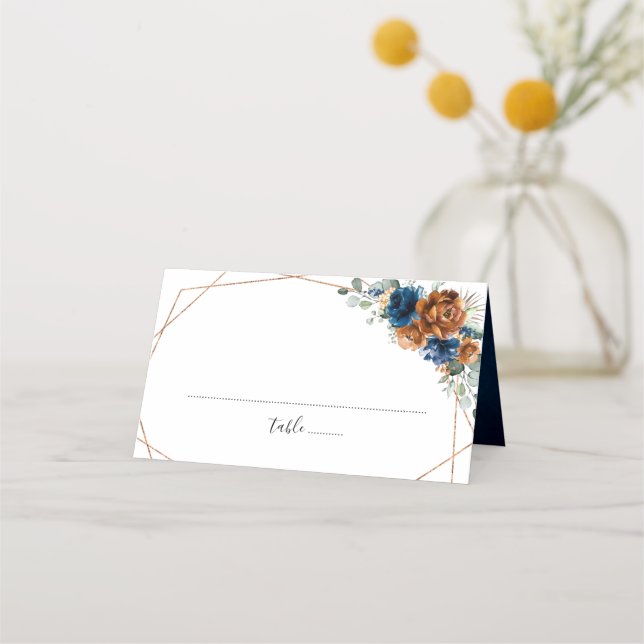 Terracotta Navy Blue Greenery Geometric Wedding Place Card (Front)