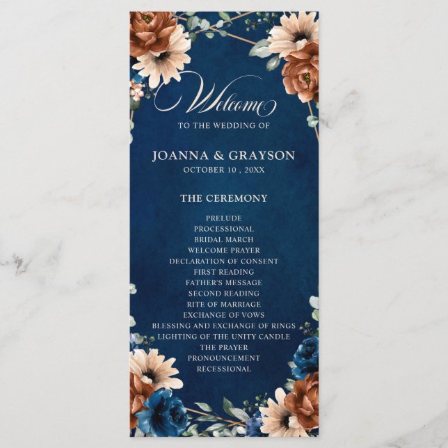 Terracotta Navy Blue Greenery Geometric Wedding Pr Program (Front)