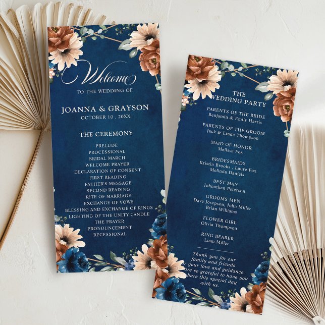 Terracotta Navy Blue Greenery Geometric Wedding Pr Program (Terracotta Navy Blue Greenery Geometric Wedding Program card)