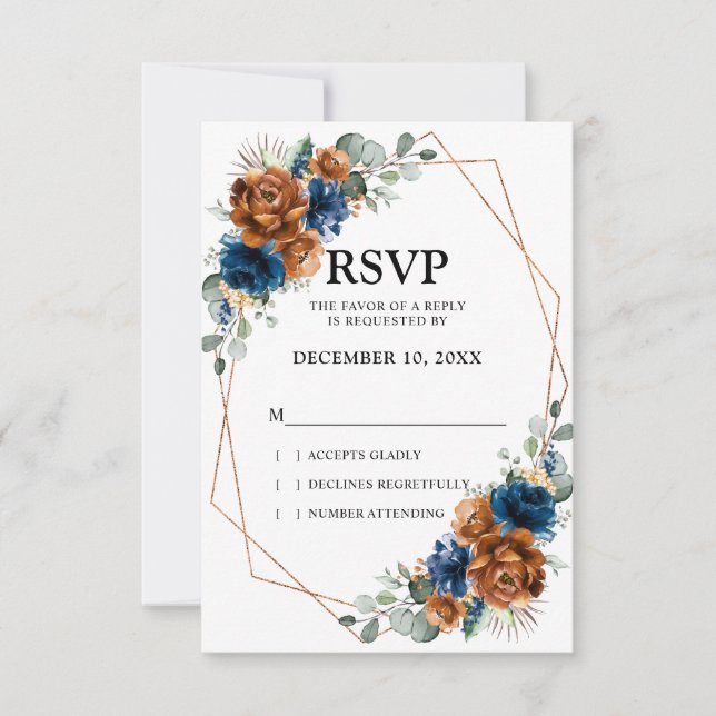 Terracotta Navy Blue Greenery Geometric Wedding RSVP Card (Front)