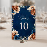 Terracotta Navy Blue Greenery Geometric Wedding Table Number<br><div class="desc">Elegant Navy blue,  Terracotta ,  Orange earthy floral theme wedding table number card featuring elegant bouquet of Navy blue,  Terracotta colour roses peonies  and green eucalyptus leaves. Please contact me for any help in customisation or if you need any other product with this design.</div>