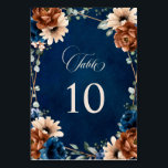 Terracotta Navy Blue Greenery Geometric Wedding Table Number<br><div class="desc">Elegant Navy blue,  Terracotta ,  Orange earthy floral theme wedding table number card featuring elegant bouquet of Navy blue,  Terracotta colour roses peonies  and green eucalyptus leaves. Please contact me for any help in customisation or if you need any other product with this design.</div>