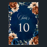 Terracotta Navy Blue Greenery Geometric Wedding Table Number<br><div class="desc">Elegant Navy blue,  Terracotta ,  Orange earthy floral theme wedding table number card featuring elegant bouquet of Navy blue,  Terracotta colour roses peonies  and green eucalyptus leaves. Please contact me for any help in customisation or if you need any other product with this design.</div>