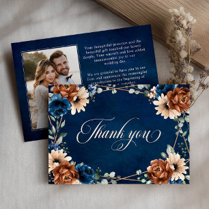 Terracotta Navy Blue Greenery Geometric Wedding Thank You Card