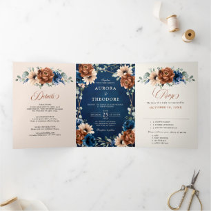 Terracotta Navy Blue Greenery Geometric Wedding Tr Tri-Fold Announcement