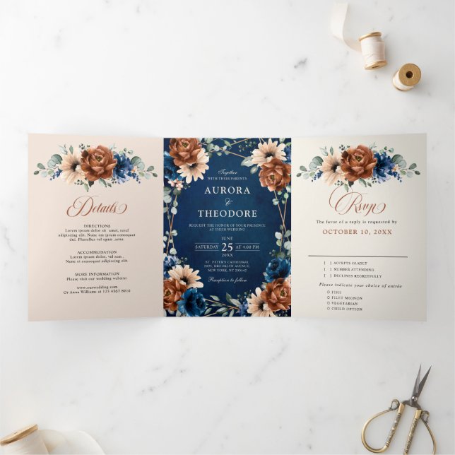 Terracotta Navy Blue Greenery Geometric Wedding Tr Tri-Fold Announcement (Inside)