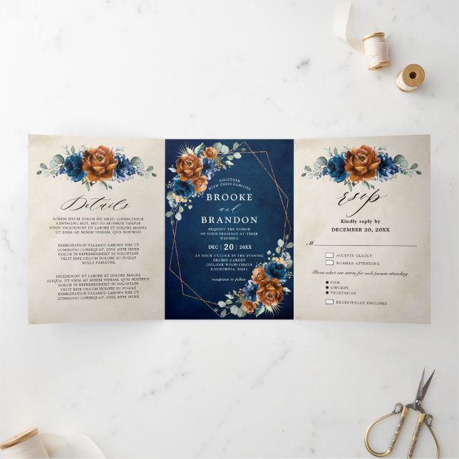 Terracotta Navy Blue Greenery Geometric Wedding Tr Tri-Fold Programme (Inside)