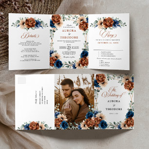 Terracotta Navy Blue Greenery Geometric Wedding Tri-Fold Announcement