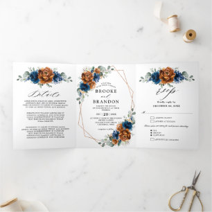 Terracotta Navy Blue Greenery Geometric Wedding Tri-Fold Programme