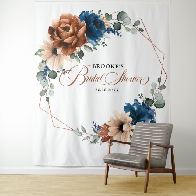 Terracotta Navy Blue Greenery Photo Booth Backdrop Tapestry (In Situ)