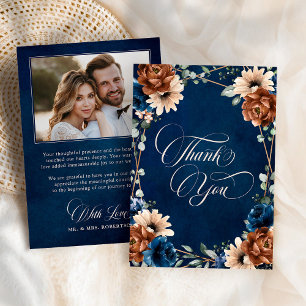 Terracotta Navy Blue Greenery Photo  Wedding       Thank You Card