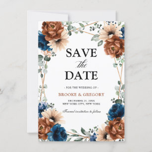 Terracotta Navy Blue Greenery Save the date
