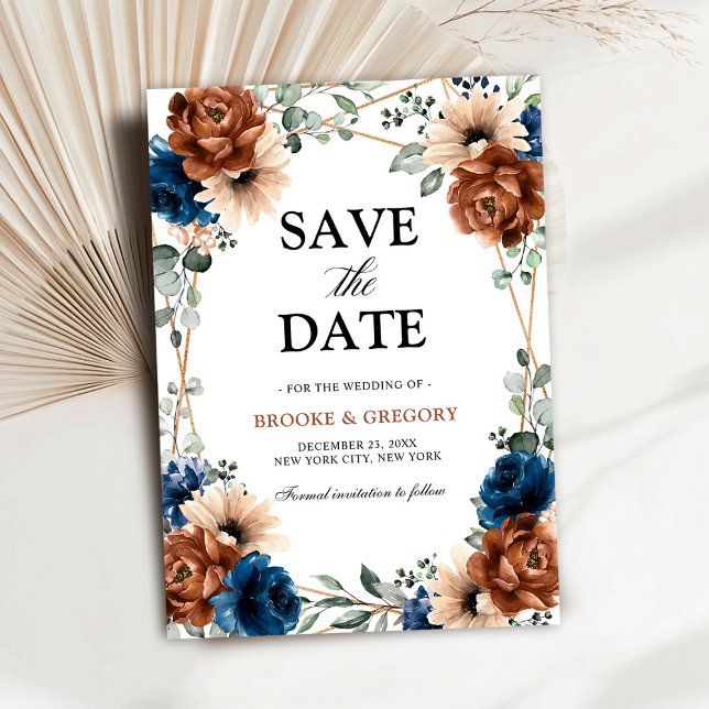 Terracotta Navy Blue Greenery Save the date (Terracotta Navy Blue Greenery Save the date)