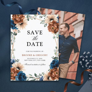 Terracotta Navy Blue Greenery Save the date