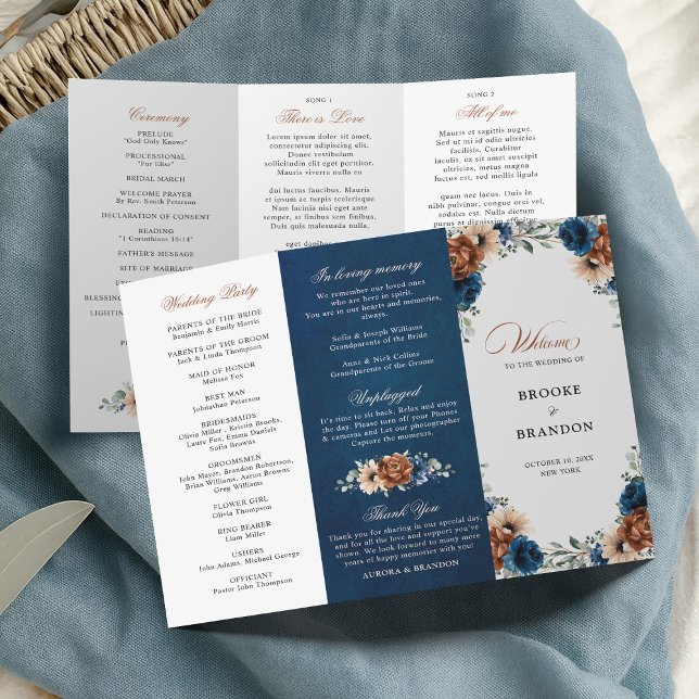 Terracotta Navy Blue Greenery Wedding Program (Terracotta Navy Blue Greenery Wedding  Tri fold Program)