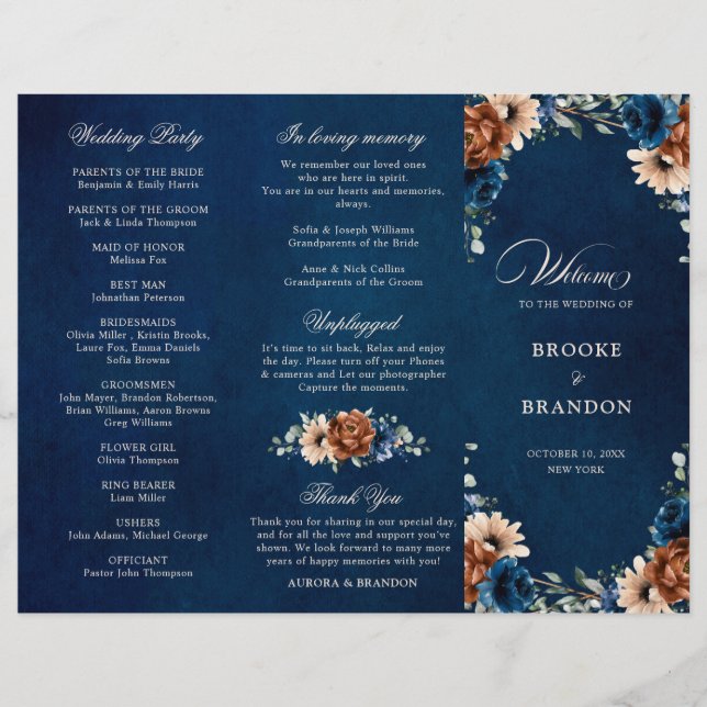 Terracotta Navy Blue Greenery Wedding Program (Front)