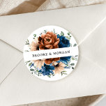 Terracotta Navy Blue Greenery Wedding Thank you Classic Round Sticker<br><div class="desc">Elegant Navy blue,  Terracotta ,  Orange earthy floral theme bridal shower thank you sticker featuring elegant bouquet of Navy blue,  Terracotta colour roses peonies  and green eucalyptus leaves. Please contact me for any help in customisation or if you need any other product with this design.</div>