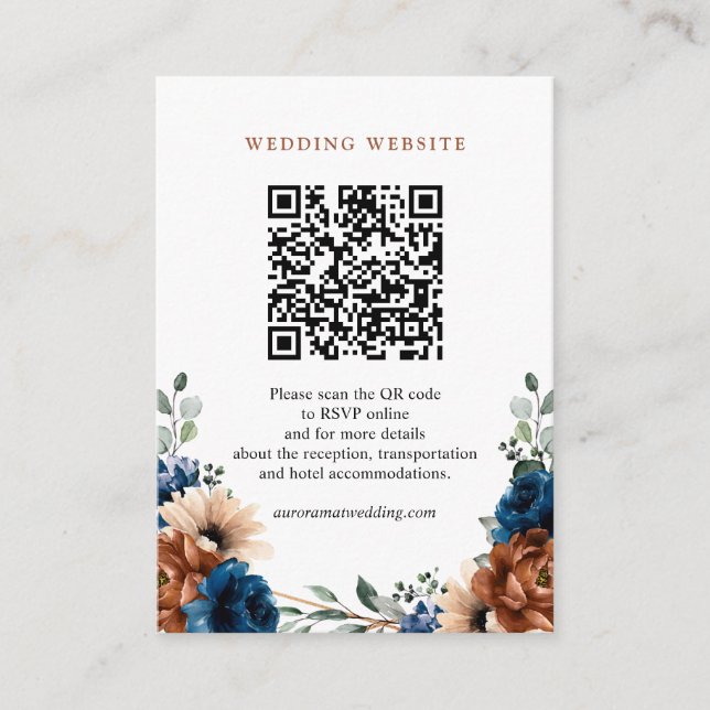 Terracotta Navy Blue Greenery Wedding Web Site Enclosure Card (Front)