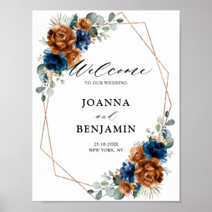 Terracotta Navy Blue Greenery Wedding Welcome Poster