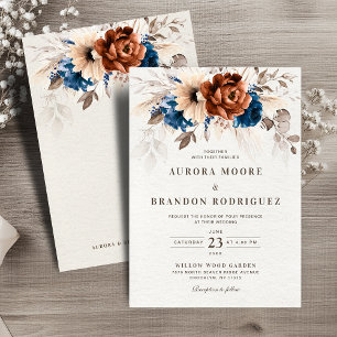 Terracotta Navy Blue Pampas Grass Botanical Weddin Invitation