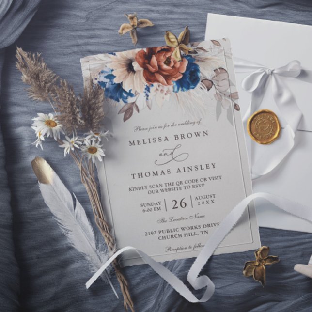 Terracotta Navy Blue Pampas Grass QR Code Wedding Invitation (Creator Uploaded)