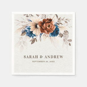 Terracotta Navy Blue Pampas Grass Rustic Wedding Napkin