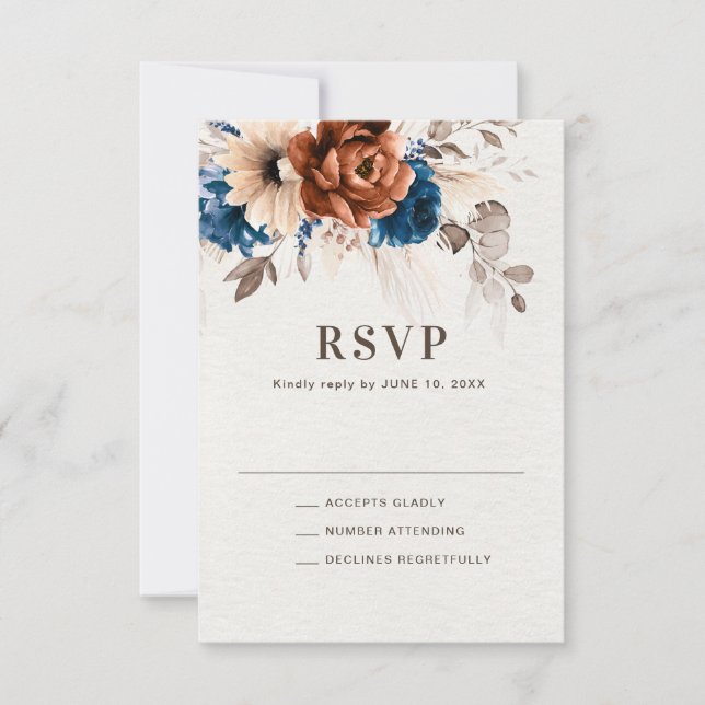 Terracotta Navy Blue Pampas Grass Rustic Wedding R RSVP Card (Front)
