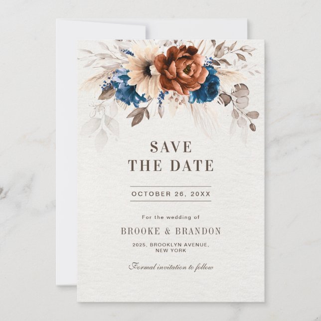 Terracotta Navy Blue Pampas Grass Rustic Wedding Save The Date (Front)