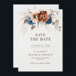 Terracotta Navy Blue Pampas Grass Rustic Wedding Save The Date<br><div class="desc">Elegant Navy blue,  Terracotta ,  Orange earthy floral theme save the date card featuring elegant bouquet of Navy blue,  Terracotta colour roses peonies  and eucalyptus leaves. Please contact me for any help in customisation or if you need any other product with this design.</div>