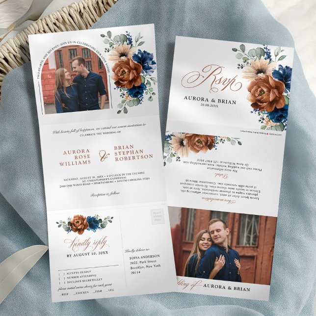 Terracotta Navy Blue Pampas Grass Rustic Wedding Tri-Fold Announcement (Terracotta Navy Blue Pampas Grass Rustic Wedding All in one photo Tri-Fold Announcement)