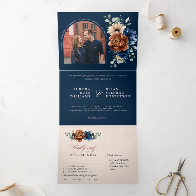 Terracotta Navy Blue Pampas Grass Rustic Wedding Tri-Fold Announcement (Inside)