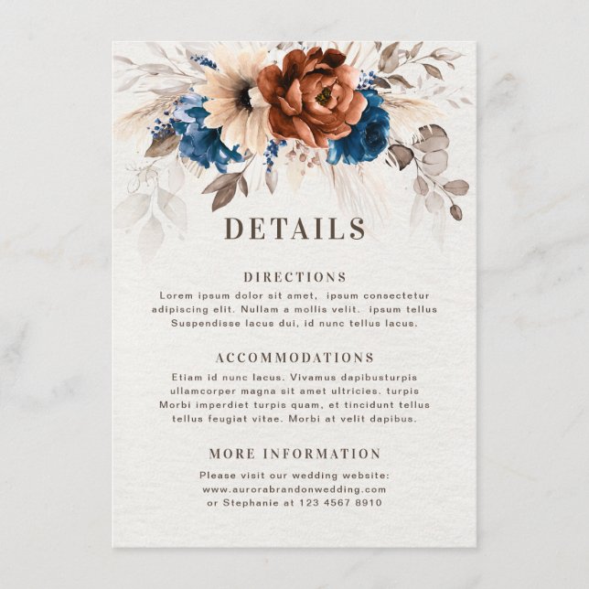 Terracotta Navy Blue Pampas Grass Wedding Details  Enclosure Card (Front)