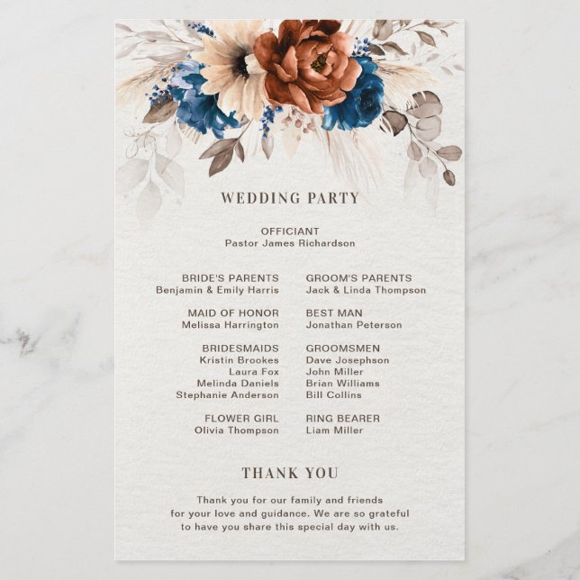 Terracotta Navy Blue Pampas Grass Wedding Program (Back)
