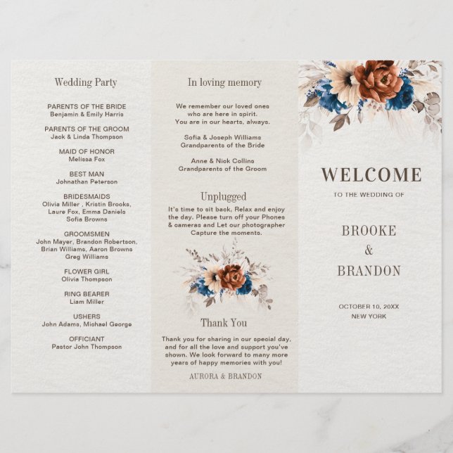Terracotta Navy Blue Pampas Grass Wedding Program (Front)