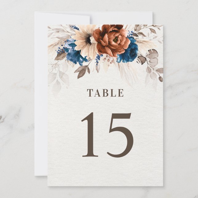 Terracotta Navy Blue Rustic Table Number card (Front)
