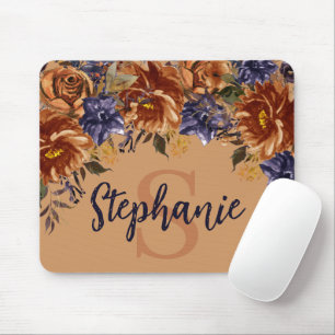 Terracotta Navy Blue Watercolor Floral Monogram Mouse Pad