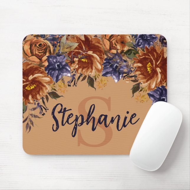 Terracotta Navy Blue Watercolor Floral Monogram  Mouse Pad (With Mouse)