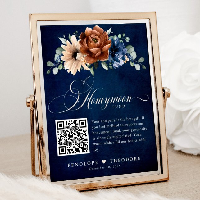 Terracotta Navy Blue Wedding Honeymoon Fund Sign (Honeymoon fund wedding sign with terracotta and navy florals)