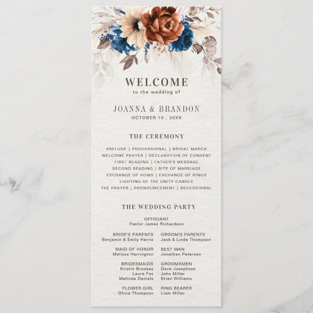Terracotta Navy Blue Wedding Menu With Program (Front)