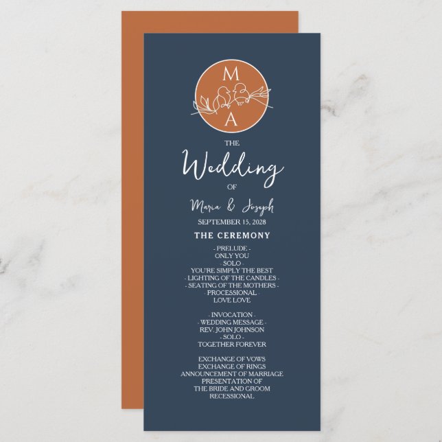 Terracotta Navy Blue Wedding Program (Front/Back)