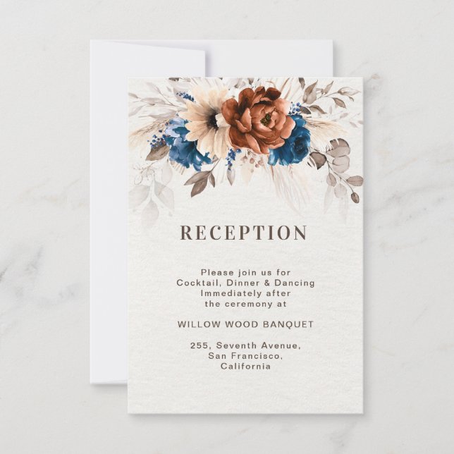 Terracotta Navy Blue Wedding Reception Card (Front)